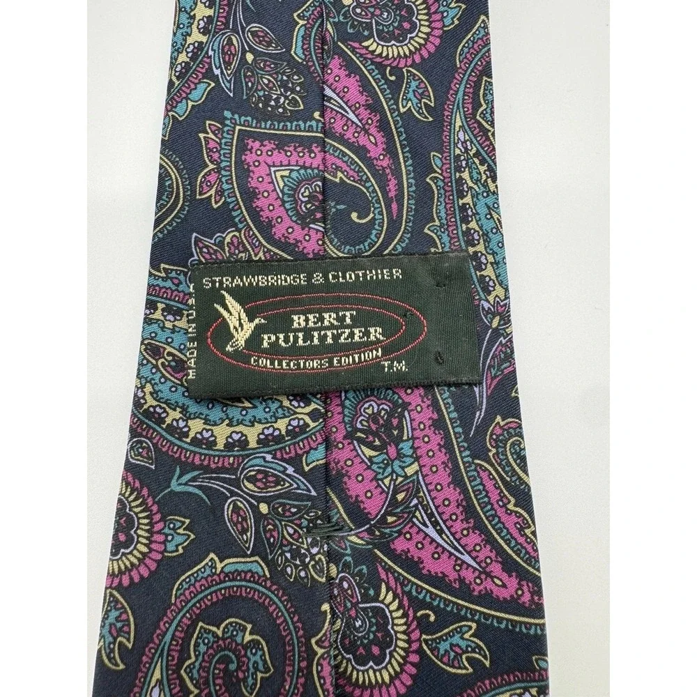 Bert Pulitzer Silk Tie Paisley Black Pink Teal Made in USA Necktie Classic Width